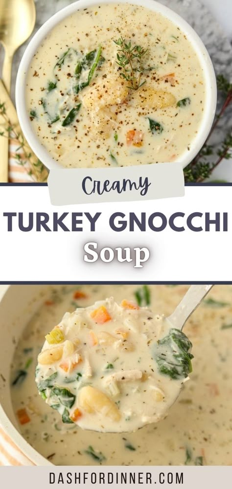 This creamy turkey and gnocchi soup is SO good, and the perfect way to use up leftover turkey. Filled with flavor, tender vegetables, and made quickly on the stovetop (or Instant Pot), this turkey soup recipe wins praise from all who try it! Whether you have Thanksgiving leftovers, or have some turkey from another holiday dinner, this cozy soup recipe is perfect for you. Soup With Turkey Leftovers, Thanksgiving Turkey Soup, Leftover Turkey Recipes Crockpot, Turkey Gnocchi Soup, Creamy Turkey Noodle Soup, Leftover Turkey Soup Recipes, Turkey Gnocchi, Turkey Recipes Leftover, Leftover Thanksgiving Recipes