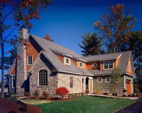 I absolutely love the half brick half wood look. The chimney is adorable as well. Shake Shingles Exterior, Colonial Home Landscaping, Vinyl Cedar Shake Siding, Small Cottage Designs, Cedar Shake Siding, Stone Exterior Houses, Shed Dormer, Cedar Shakes, Shingle Style Homes