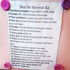 Make survival kits for the hen do Hen Do Countdown, Hen Party Survival Kit, Hen Do Party Bags, Hangover Bags, Hen Ideas, Party Survival Kit, Hen Night Ideas, Hen Party Bags, Hen Party Games