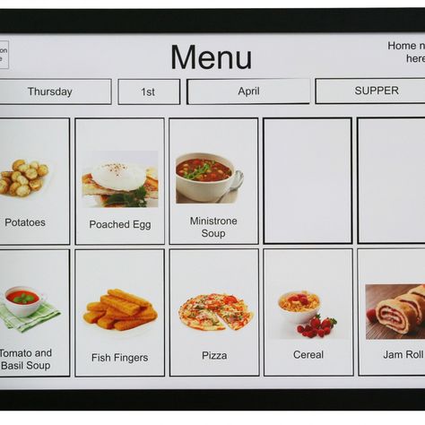 A1 Magnetic Menu Board 1 Magnetic Menu Board, Memory Care Unit, Jam Roll, Meal Planning Board, Fish Finger, Free Cards, Snack Items, Activity Board, Menu Board