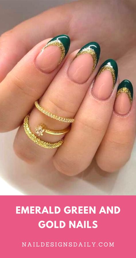 Looking for pretty emerald green and gold nails? You came to the right place!Our team has curated a collection of over 25 pretty nail design ideas to give you plenty of inspiration for your next manicure. Green nail designs | Green Nails | green gold nails | 2023 nail trends | acrylic nail designs | emerald green nails Green And Gold Natural Nails, Green And Gold Nail Inspo Acrylic, Emerald Green Grad Nails, Green And Gold French Nails, Green Nail Tip Designs, Emerald Green And Gold Nail Ideas, Acrylic Nail Designs Emerald Green, Gold And Green Nails Ideas, Short Green And Gold Nails