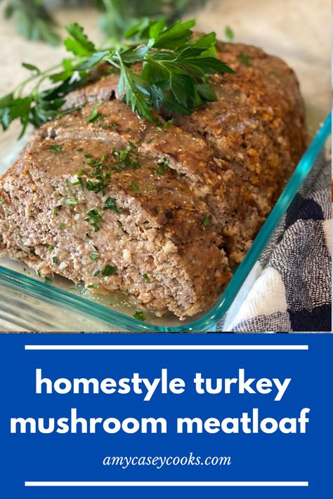 Summer lunch and dinner idea. This is an unbelievably tender and loaded with flavor turkey meatloaf with mushrooms recipe. A lighter version of the classic beef meatloaf, this juicy and delicious meatloaf gets a boost in umami flavor from cremini mushrooms. #dinnerideas #meatloaf #makeaheadrecipe Mushroom Turkey Meatloaf, Meatloaf With Mushrooms Recipes, Turkey Meatloaf With Mushrooms, Turkey And Pork Meatloaf, Ground Turkey And Mushrooms, Ground Turkey Mushroom Recipes, Ground Turkey And Mushroom Recipes, Turkey Meatloaf With Gravy, Ground Turkey Mushroom