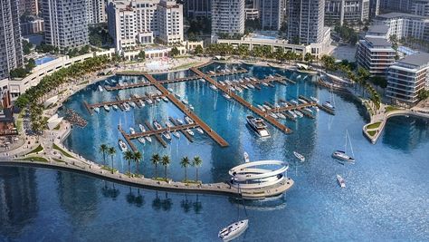 Unique Buildings Architecture, Yacht Marina, Marina Design, Dubai Creek Harbour, Emaar Properties, Dubai Creek, Floating Architecture, Apartments In Dubai, Airport Design