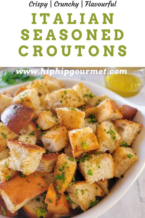 side view of a bowl of croutons, fresh herbs and a jar of olive oil in the background Croutons Homemade Oven, Homemade Croutons Recipe, How To Make Croutons From Bread, Croutons From Bread, Home Made Croutons, Boat Recipes, How To Make Croutons, Crouton Salad, Croutons Recipe