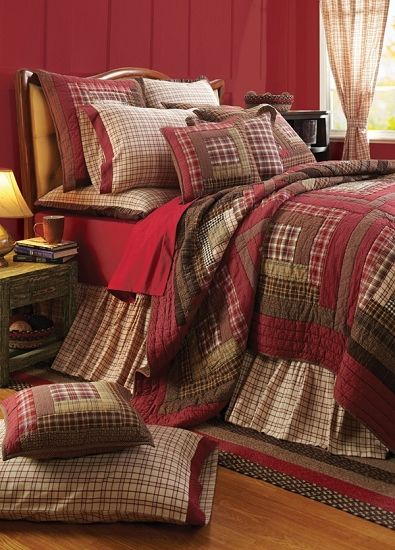 Our Tacoma Quilted Bedding is so pretty with it's rich color and log cabin pattern. We having coordinating accessories to complete your room, such as curtains and rugs. https://www.primitivestarquiltshop.com/products/tacoma-king-quilt #primitivebedding #quiltedbedding #braidedrugs #countrycurtains Rustic Bedrooms, Lodge Bedding, Rustic Cabins, Log Bed, Rustic Log Cabin, Cabin Furniture, Furniture Rustic, Bed Comforter Sets, Plaid Quilt