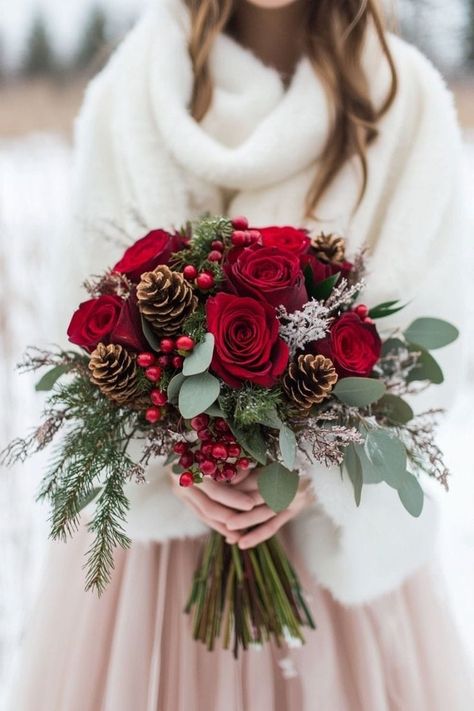 Facebook Red And Green Winter Wedding, December Bouquet, Roses Christmas Tree, Poinsettia Bouquet, Red Rose Bouquet Wedding, December Bride, Winter Wonderland Wedding Theme, Christmas Winter Wedding, Winter Bridal Bouquets