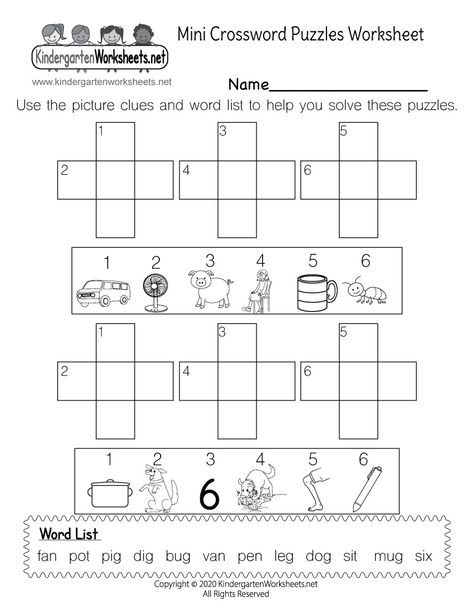 Kids can solve six mini crossword puzzles using picture clues in this free kindergarten worksheet. It is a great way for children to practice spelling three-letter words while building their vocabulary with pictures. Kindergarten Crossword Puzzles, Building Words Worksheet, Cvc Puzzles Kindergarten, Kindergarten Puzzle Worksheets, Puzzle Words Worksheets, Cvc Crossword Puzzles, Cross Word Puzzles For Kids, Three Letter Words Worksheets, Puzzles For Kindergarten