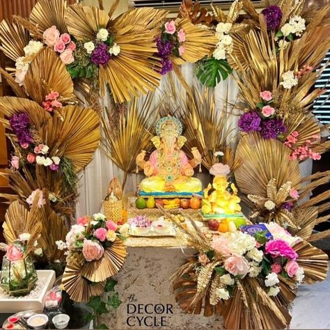 Floral backdrop with dry flowers for Ganesh Chaturthi. #ganpati#ganeshchaturthi#decor#indiandecor#indianfestival#ganpatidecoration#floralbackdrop#dryflowers#petals#thedecorcycle Ganeshchaturthi Decor, Ganesha Festival Decoration, Ganpati Bappa Decoration, Bappa Decoration, Ganesha Festival, Chaturthi Decoration, Ganpati Idol, Ganpati Decoration Theme, Ganesh Decoration