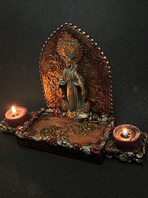 Virgin Mary Altar, Rose Altar, Mary Altar, Alter Art, Altar Art, Catholic Altar, Fantasy Stuff, Aged Copper, Spiritual Crystals