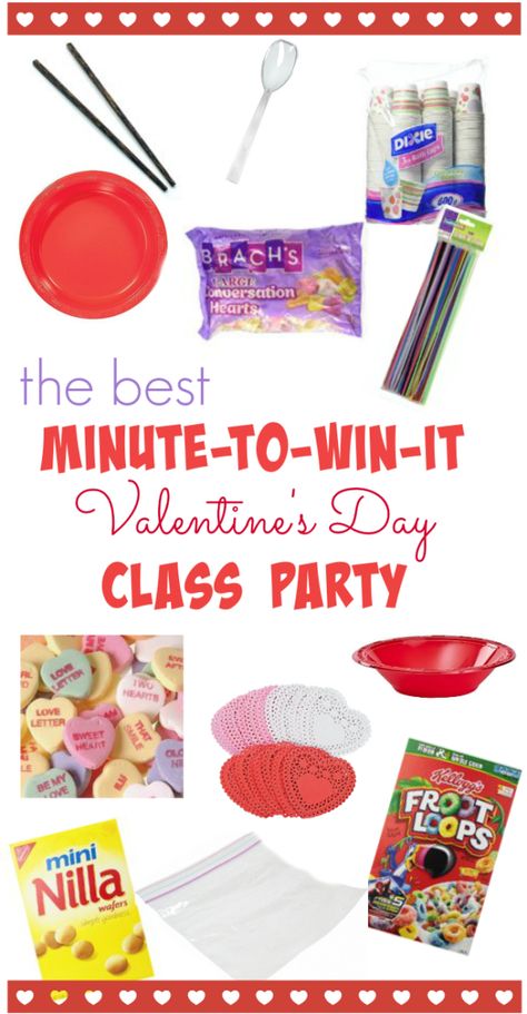 minute to win it class party: organized, planned, and super-fun - teach mama Parent Room, Classroom Valentines Party, Kids Valentine Party, Valentines Class Party, Valentine's Day Party Games, Valentine Party Game, Room Parent, Kindergarten Valentines, Day Party Ideas