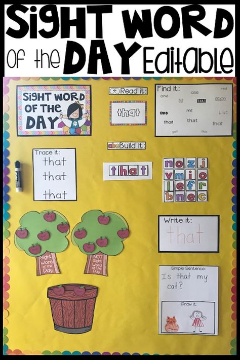 Word Of The Day Preschool, Daily Sight Word Routine, Word Of The Day Kindergarten, Sight Word Bulletin Board, Sight Word Of The Day, Time For Kindergarten, Sight Words Activity, Words Of The Day, Sight Word Fun