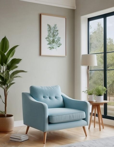 Light Blue Armchair with Neutral Background Light Blue Chairs Living Room, Light Blue Living Room Ideas, Blue Room Themes, Living Room Lamps Ceiling, Light Blue Armchair, Blue Living Room Ideas, Office Bedroom Ideas, Light Blue Chair, Light Blue Living Room