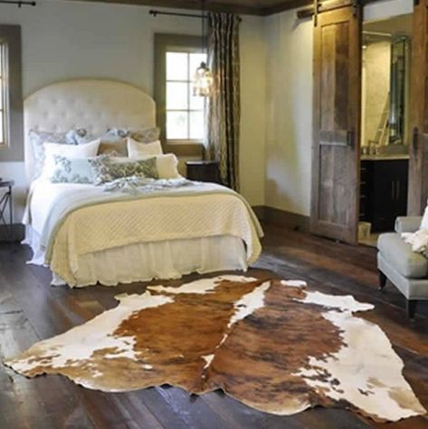 Are you interested in our cowhide rug cream and brown? With our luxury cream brown rich cowhide you need look no further. Rustic Glam Bedroom, Barnwood Floors, Barn Living, Glam Bedroom, Wide Plank Flooring, Rustic Glam, Rustic Bedroom, Cow Hide, Beautiful Bedrooms