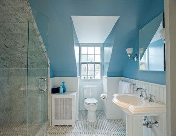 Great places - small spaces - traditional - bathroom - baltimore - Patricia L. Caulfield, LLC Attic Bathroom Ideas Slanted Ceiling, Attic Design Ideas, Attic Bathroom Ideas, Small White Bathrooms, Dormer Window, Attic Renovation Ideas, White Bathroom Designs, Blue Ceilings, Slanted Ceiling