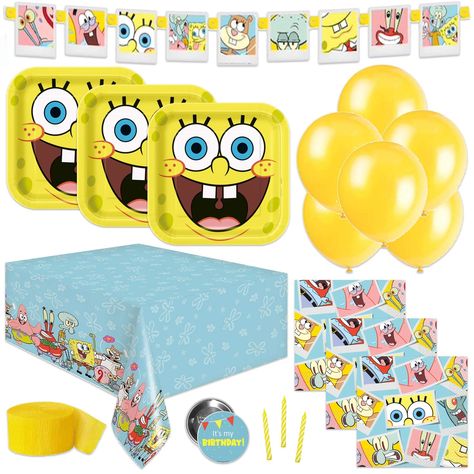 PRICES MAY VARY. Join Spongebob and Patrick in throwing a fun birthday party! This Spongebob party supplies pack includes disposable dinnerware and Spongebob party decorations perfect for tying the room together. Dinnerware -- This set includes enough Spongebob tableware to host a party of 16 guests: 16 large 9" paper Spongebob plates and 16 paper Spongebob napkins. Decorations -- The hanging Happy Birthday banner is the perfect way to add a visual pop to your child's party. Leakproof tablecloth