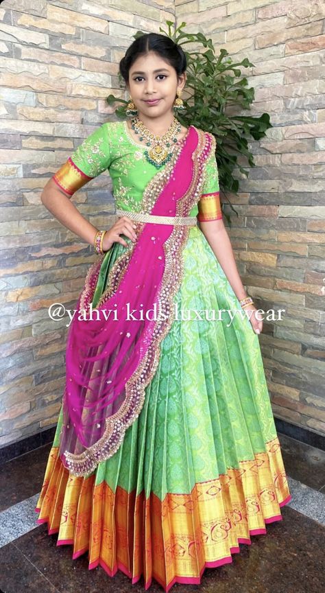 Half Saree Lehenga For Kids, Half Saree Function Kids, Langa Voni Half Saree, Ladies Frock Design, Smiley Birthday, Designer Choli, Pink Half Sarees, Frozen Shoes, Saree Function