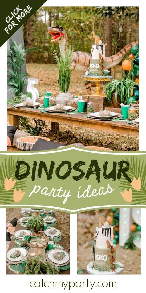 Check out this awesome dinosaur birthday party! The cake is fantastic! See more party ideas and share yours at CatchMyParty.com #catchmyparty #partyideas #dinosaurparty #dinosaurs #boybirthdayparty Safari Party Foods, Dinosaur Birthday Party Ideas, Dinosaur Party Ideas, Safari Baby Shower Favors, Dinosaurs Birthday Party, Boys Garden, Safari Party Favors, Safari Party Decorations, Dinosaurs Birthday