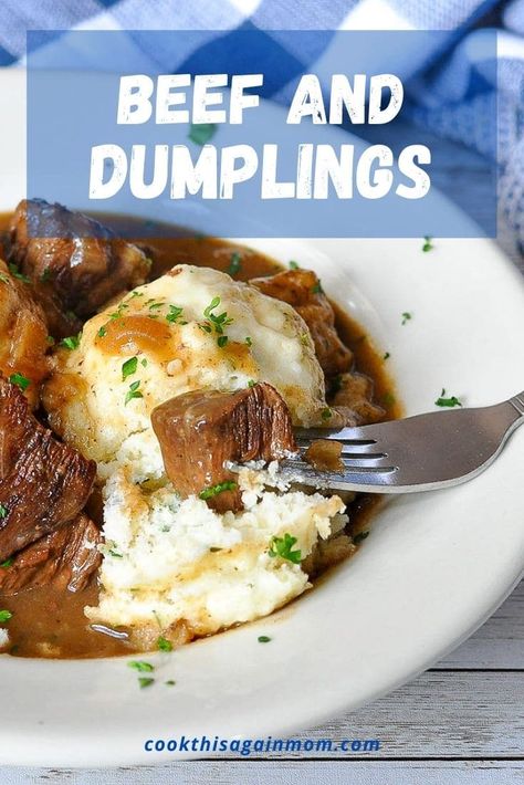 Beef 'n Dumplings are the ultimate comfort food. The beef is fork-tender & melts in your mouth, and the dumplings are light as a cloud. Flat Dumplings Recipe, Beef And Dumplings, Beef Stew With Dumplings, Beef Dumplings, Steak Casserole, Stew And Dumplings, Homemade Dumplings, Dumplings For Soup, American Recipes