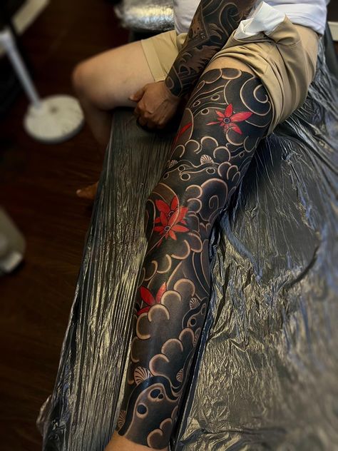 Orientalism Art Tattoo Leg, Leg Japanese Tattoo Men, Irezumi Tattoos Leg, Yakuza Tattoo Leg, Japanese Leg Tattoo Men Design, Full Leg Tattoo Men Japanese, Japanese Calf Tattoo Men, Japanese Traditional Leg Sleeve, Japan Leg Tattoo