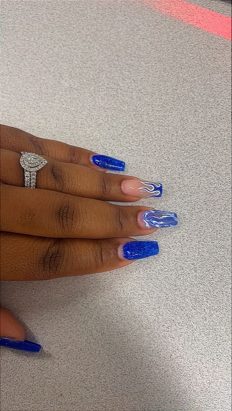 Cute Royal Blue Nails, Black And Blue Nails, Royal Blue Nails, Blue Glitter Nails, Royal Blue Shorts, Graduation Nails, Blue Flame, Short Square Acrylic Nails, Short Acrylic Nails Designs