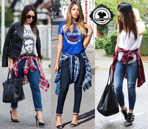 Plaid Shirt Tied Around Waist Outfits, Tied Around Waist Outfits, Plaid Shirt Around Waist, How To Wear A Plaid Shirt, Shirt Tied Around Waist, Shirt Around Waist, 90s Street Fashion, Tough Clothes, High Waisted Shorts Outfit