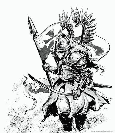 The Polish Hussars or Winged Hussars, were one of the main types of the calvary in Poland and in the Polish-Lithuanian Commonwealth between the 16th and 18th centuries. Polish Eagle Tattoo, Winged Hussar, Slavic Tattoo, Polish Hussars, Polish Tattoos, Polish Winged Hussars, Patriotic Tattoos, Knight Tattoo, Warrior Tattoos