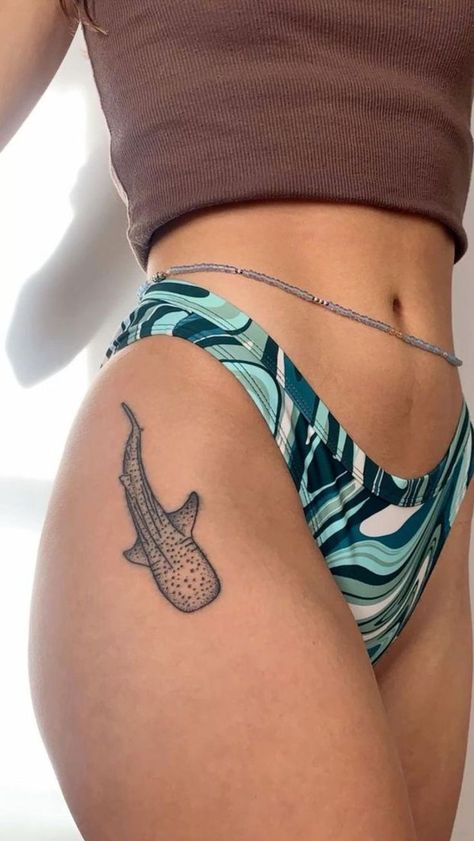 Whale Shark Hip Tattoo, Hip Tattoos Women Ocean, Whale Shark Back Tattoo, Whale Shark Spine Tattoo, Shark Whale Tattoo, Shark Thigh Tattoo, Shark Hip Tattoo, Shark Tattoo Fine Line, Waves Tattoo Design