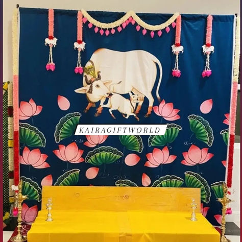 Cow Backdrop, Bharat Work, Pichwai Cow, Cradle Decoration, Naming Ceremony Decoration, Naming Ceremony, Pooja Rooms, Backdrop Decorations, Dream Decor