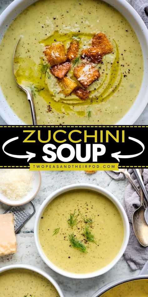 This Zucchini Soup is a healthy zucchini recipe made with onion, garlic, herbs, zucchini, and white beans blended to thicken the soup. Pin this creamy and savory zucchini recipe! Zucchini Puree Soup, Zucchini And Bean Soup, Zucchini Bacon Soup, Shredded Zucchini Soup, Zuccinni Recipe Soup, Gray Zucchini Recipe, White Bean Zucchini Soup, Curried Zucchini Soup, Zucchini Fall Recipes