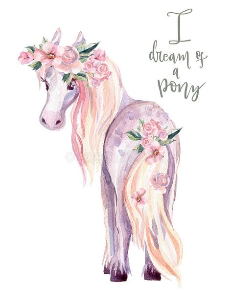 Pony Watercolor, Horse With Flowers, Hair Tail, Colors Illustration, Horse Flowers, Flowers Romantic, Horse Illustration, Horse Birthday, Girls Birthday