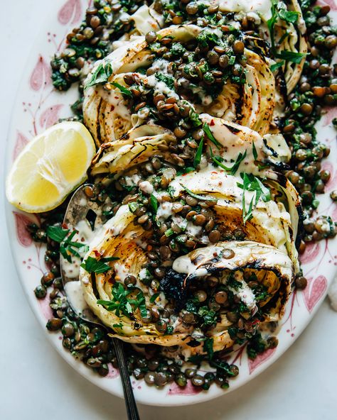 Cabbage Steaks with Jalapeño Chimichurri Lentils - The First Mess Grilled Cabbage Steaks, Grilled Cabbage, Cabbage Steaks, Maple Mustard, Vegan Holiday Recipes, Cooked Cabbage, Veggie Burger, Roasted Cauliflower, Tahini