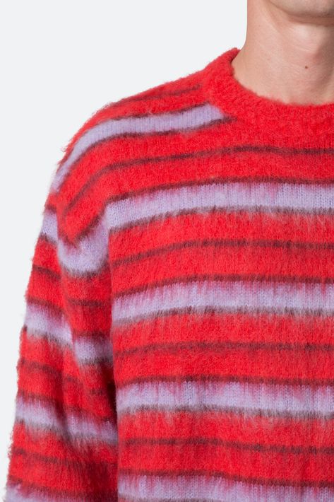 the Striped Mohair Sweater is a custom striped knit sweater that is constructed from a synthetic blend yarn and features a standard fit, and is finished in a brushed exterior texture. details classic fit 60% cotton 40% acrylic model is 6’1, 140 lbs and wears a size medium washing instructions: due to the fabric content on this style, dry clean only Mohair Knit, Korean Streetwear, Striped Pullover, 150 Lbs, 110 Lbs, Sherpa Pullover, Mohair Sweater, Denim Trousers, Knitted Jumper