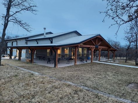 Barndominium With Chimney, Gables On Barndominium, Barndominium Covered Porch, Country Style Barndominium, Southern Style Barndominium, Barndominium Floor Plans With Attached Garage, Barndominium Ideas Wisconsin, Barndominium Additions, Small Barndo With Shop