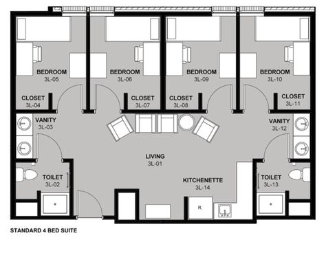 Four bed Housing Floor Plans, Dorm Planning, Modern Dorm Room, Dorm Layout, Dorm Room Layouts, Living Room Floor Plans, University Housing, Dormitory Room, Hostels Design