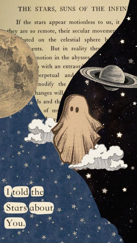 Ghost Phone Wallpaper Aesthetic, Sheet Ghost Phone Wallpaper, Ghost Painting Wallpaper, Night Stars Aesthetic, Star Collage Wallpaper, Vintage Ghost Background, Night Aesthetic Collage, Newspaper Decor, Ghost Collage Wallpaper