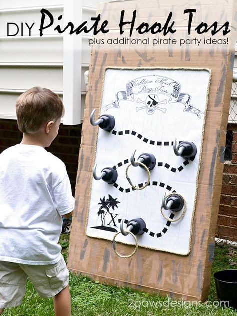 Pirate Ring Toss Game Diy, Pirate Hook Ring Toss, Homemade Pirate Costumes, Pirate Halloween Party, Diy Pirate, Pirate Hook, Pirate Themed Birthday Party, Pirates And Mermaids, Pirate Themed Birthday