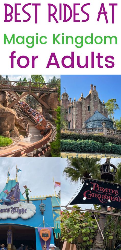 best magic Kingdom rides for adults - seven dwarfs mine train, pirates of caribbean, Haunted mansion and Peter Pan's Flight pictured. Magic Kingdom Rides List, Magic Kingdom Rides By Height, Rides Aesthetic, Magic Kingdom Disney World, Disney World 2024, Magic Kingdom Rides, Aesthetic Magic, Vacay Ideas, Day Planning