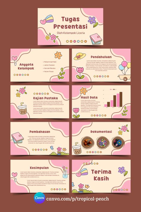 Pink dan Cokelat Lucu Penuh Warna Tugas Presentasi #pink #lucu #pptimut #canvatemplate #templatecanva #templateppt #templatepresentasi #powerpoint #pptkeren #tugassekolah #pendidikan #canvappr Ppt Aesthetic, Ppt Ideas, Canva Codes, Presentation Slides Design, Powerpoint Slide Designs, Slides Design, Template Presentation, Canva Elements, Powerpoint Slide