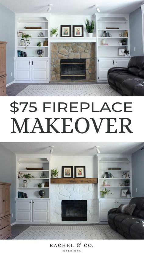 Budget Friendly Fireplace Makeover. I love what we accomplished for under $75. DIY wood beam mantle, painted fireplace and painting the fireplace doors went a long way. 70s Fireplace Makeover, 70s Fireplace, Wood Beam Mantle, Beam Mantle, Painted Fireplace, Fireplace Bookshelves, Fireplace Update, Old Bathrooms, Fireplace Doors