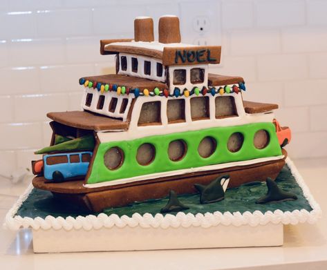 Gingerbread Ferry Gingerbread Boat, Gingerbread Competition, Bread Boats, Gingerbread House Template, Gingerbread Ideas, Lake Party, Gingerbread House Parties, All Things Gingerbread, Ferry Boat