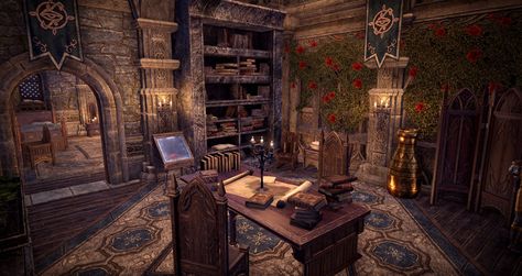 Medieval Office Concept Art, Dnd Office Art, Medieval Study Room, Medieval Office, Eso Houses, Rh Office, Fantasy Study, Fantasy Office, Royal Office