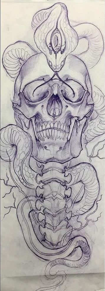 Tattoo Snake, Snake Drawing, Kunst Tattoos, Tattoo Zeichnungen, Skeleton Tattoos, Skulls Drawing, Skull Tattoo Design, Tattoo Art Drawings, Desenho Tattoo