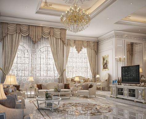 Dining & living room design for a private palace at Doha, Qatar Luxury Curtains Living Room, Mansion Living Room, Fancy Living Rooms, Mansion Living, Luxury Mansions Interior, House Craft, Sala Grande, Hall Interior Design, Luxury Curtains