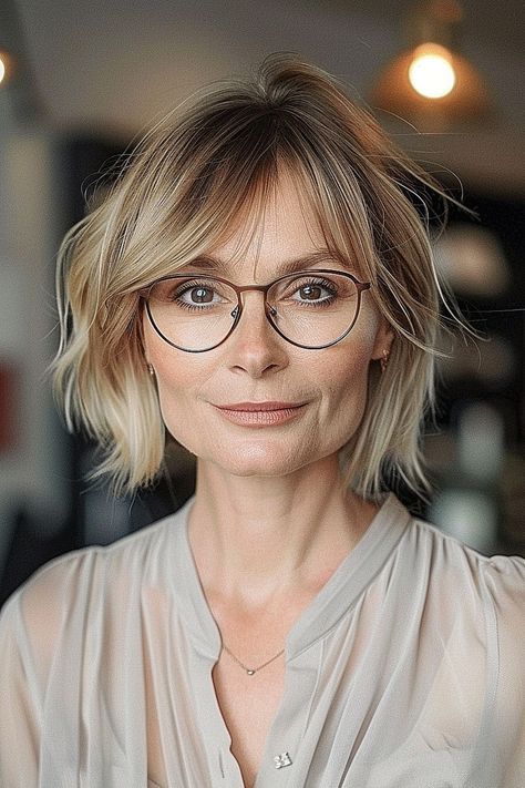 A woman with a soft bob and side-swept bangs wearing round glasses. Side Fringe Bob, Bob Haircut With Wispy Bangs, Bob With Face Framing Bangs, Grown Out Fringe Bob, Long Bob With Bangs And Glasses, Bob With Bangs And Glasses, Side Part Bob With Bangs, Side Swept Bangs With Glasses, Blonde Bob With Side Fringe