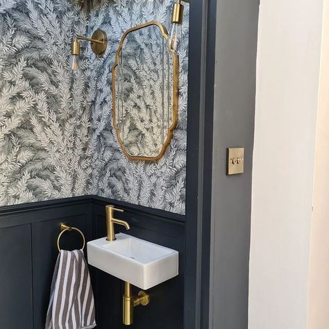 Statement Toilet Room, Toilet Renovation, Downstairs Toilet Ideas Wallpaper And Panelling, Panelled Toilet Small Bathrooms, Panelled Toilet Room, Cloke Room Toilet, Black And White Downstairs Toilet, Maximalist Downstairs Toilet, Wood Panelled Downstairs Toilet