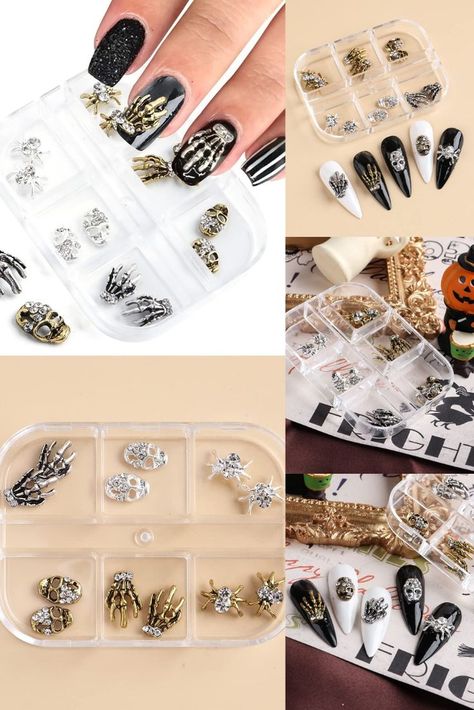 Acrylic Nails Halloween, Sliver Nails, Hand Nail Art, Posters Layout, Skull Spider, Nail Sequins, Nail Decor, Nail Art Charms, Nails Halloween