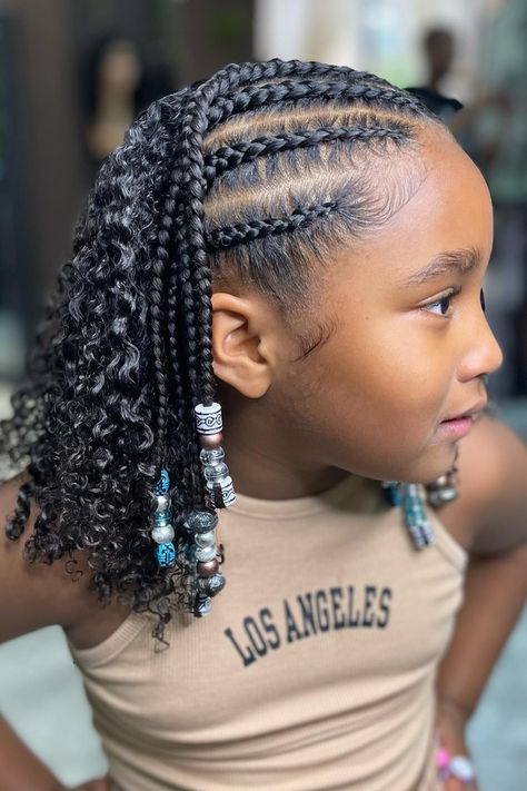 Kids Cornrows Braids In The Front Hair Out In The Back, Cute Corn Rows, Toddler Girl Cornrow Hairstyles, Girls Cornrow Hairstyles For Kids, Kid Natural Hairstyles Black, Quick Braid Styles Black Hair Kids, Kids Feed In Braids, Cornrow Ideas For Kids, Cornrows For Kids