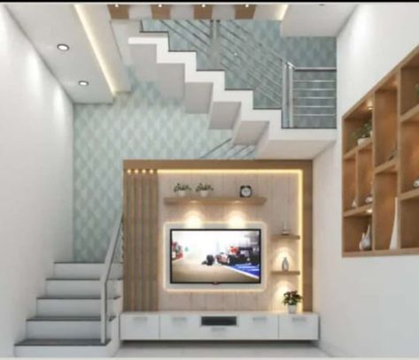 Tv Unit In Front Of Staircase, Tv Staircase Wall, Tv Unit Under Staircase Living Rooms, Tv Unit Below Staircase, Duplex Staircase Design, Tv Partition, Living Room Under Stairs, Tv Place, Duplex Staircase