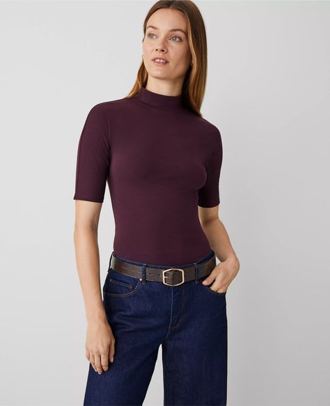 Mock Neck Elbow Sleeve Top Mock Neck Top, Elbow Sleeve, Fashion Boots, Effortless Style, Mock Neck, Work Outfit, Ann Taylor, Plum, Sleeve Top