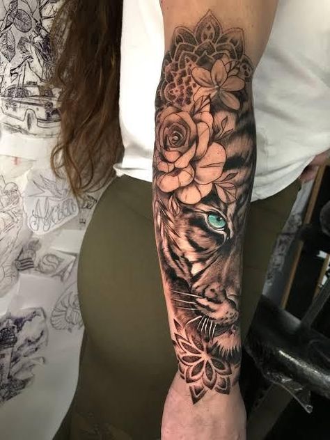 Womens Forarm Tattoos Sleeve, Lion Half Sleeve Tattoos For Women, Tiger Arm Tattoo Woman, Tiger Forearm Tattoo Women, Tiger Sleeve Tattoos For Women, Lion Sleeve Tattoo Woman, Lower Arm Sleeve Tattoo Women, Lion Tattoo Sleeve, Lion Tattoo With Flowers